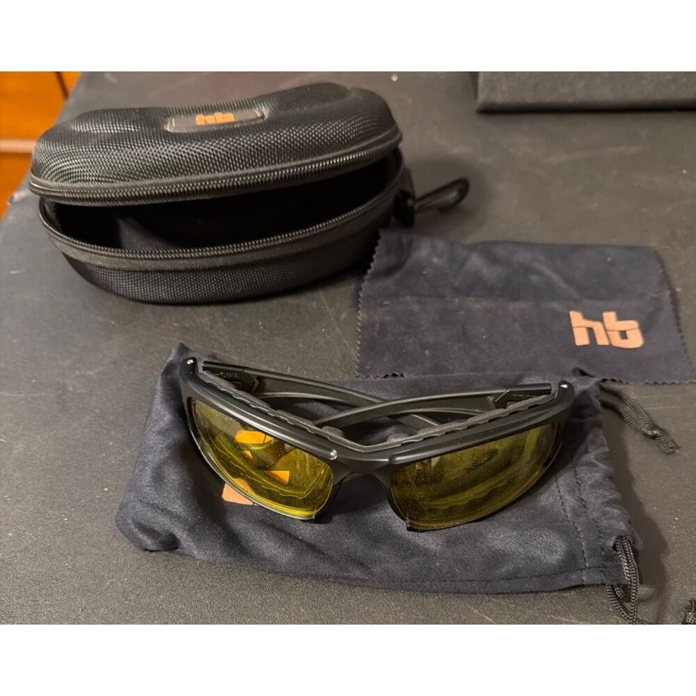 HB Calico Yellow Lens Safety Motorcycle Glasses Black Frame Case Bag Cloth